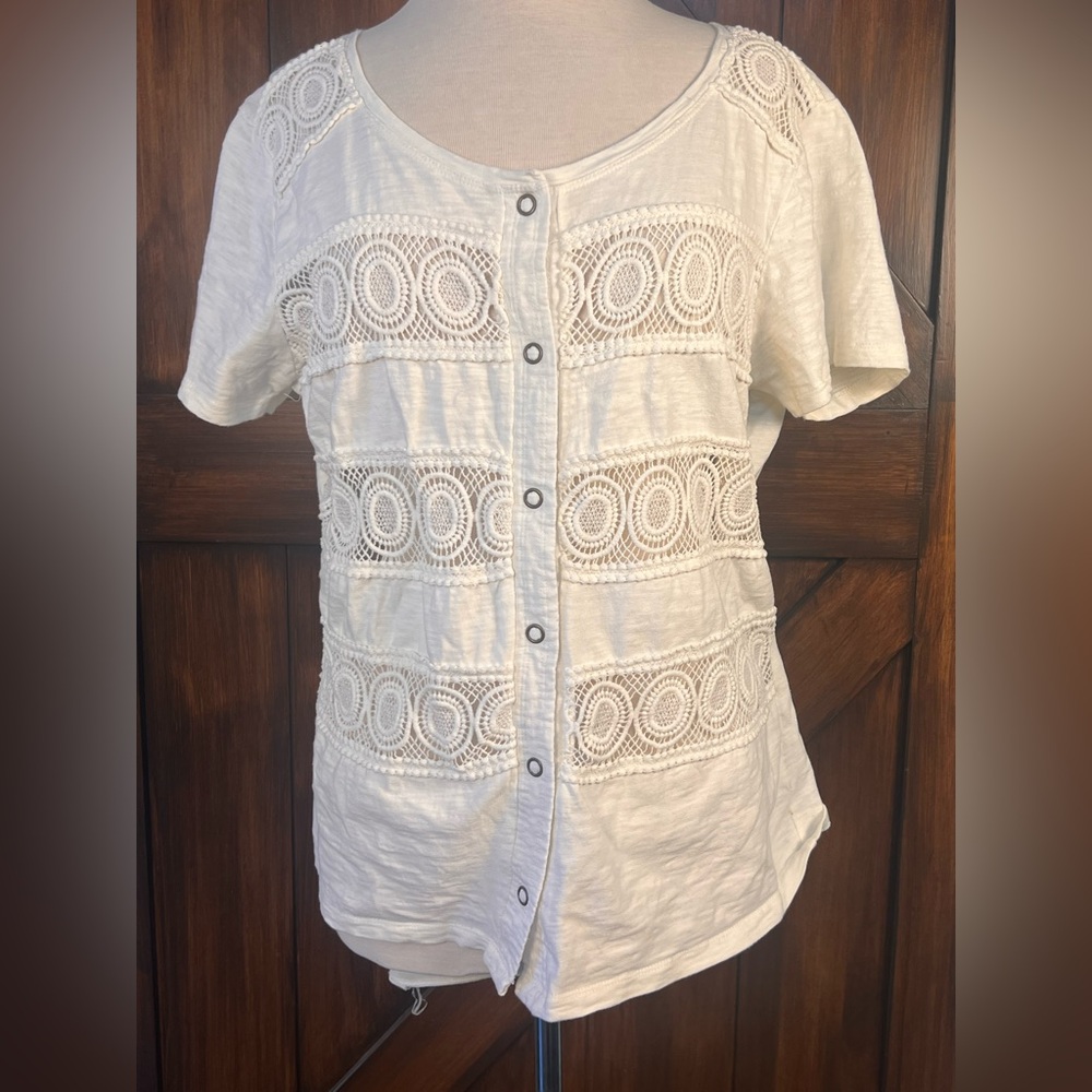 Onque‎ Casuals Bohemian Women's XL Cream Button-Down Lace Top